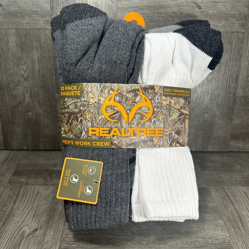Realtree Socks Work Crew Mens 6-12 Black White Grey 10 Pack SK-RT7008MM-S5 NEW